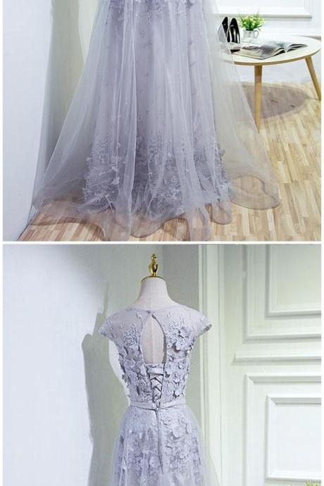 Gray Tulle Floor Length Cap Sleeves Lace Long Sweet 16 Prom Dress, Long Bridesmaid Dress