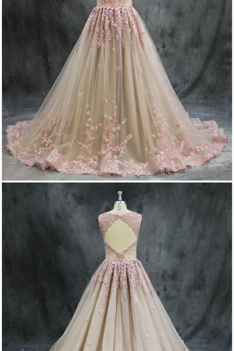 Champagne Tulle Long Open Back Lace Appliqué Senior Prom Dress, Evening Dress,