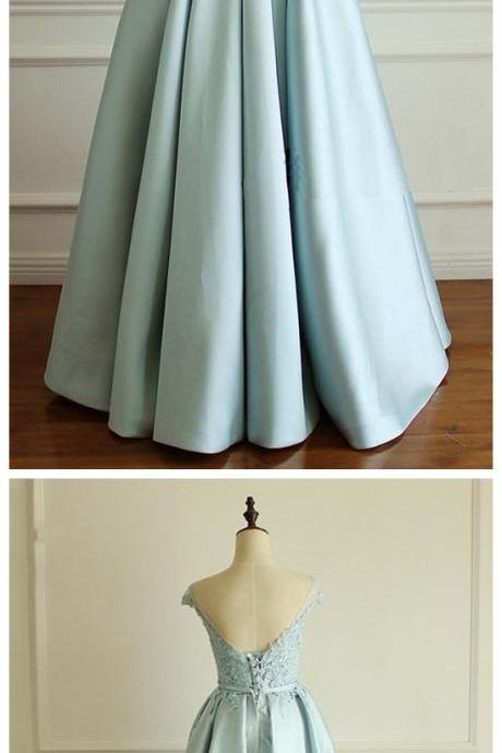 Elegant Mint Satin Cap Sleeves Long A-line Lace Top Prom Dress, Graduation Dress