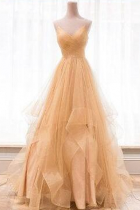 Beauty Prom Dress,Gold v neck Prom Dress,Simple prom Dress,tulle long prom dress, evening dress