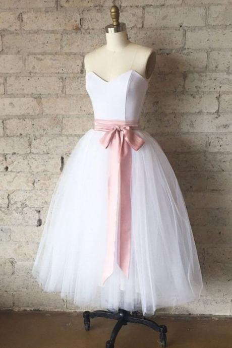 Sweetheart White Tulle Short Homecoming Dress, Short Party Dress With Sash