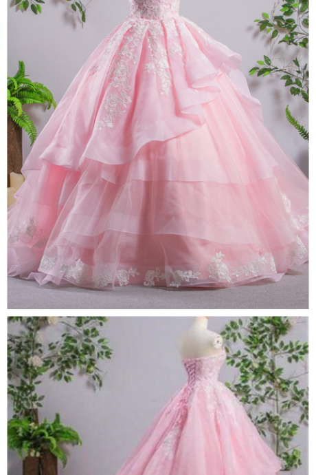 Sweetheart Pink A-line Lace Evening Prom Dresses, Sweet 16 Dresses