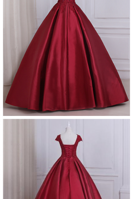 Burgundy Satin Lace Applique Prom Dresses Featuring Scoop Neckline Long Formal Dress, Party Dresses