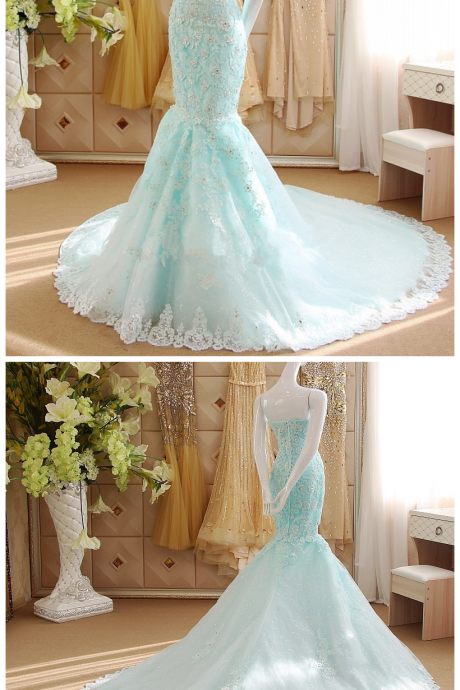 Ice Blue Lace Appliquéd And Beaded Embellished Floor Length Mermaid Prom Gown Featuring Sweetheart Bodice And Chapel Train
