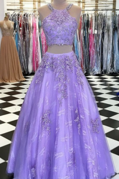 Exquisite Scoop Two Pieces Lavender Lace Prom Dress With Appliques Beading