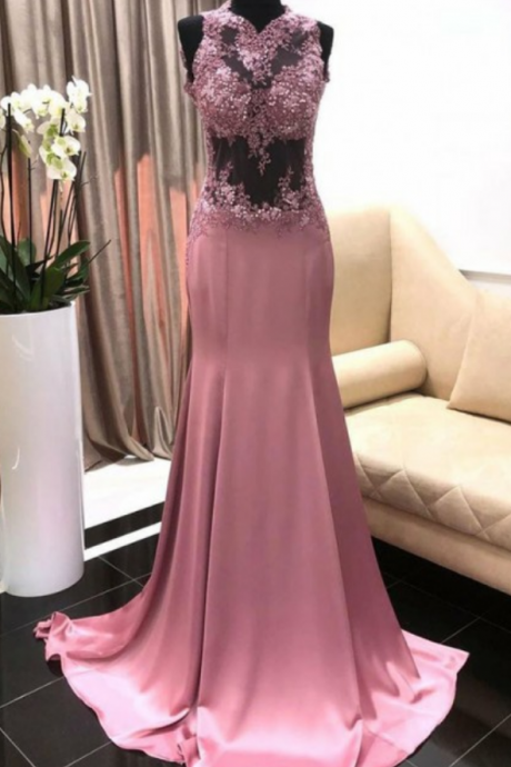 Modest Mermaid Sweep Train High Neck Sleeveless Purple Prom Dress With Appliques