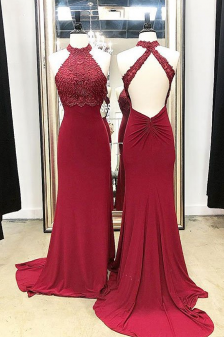 Burgundy Lace Long Prom Dress, Mermaid Evening Dresss