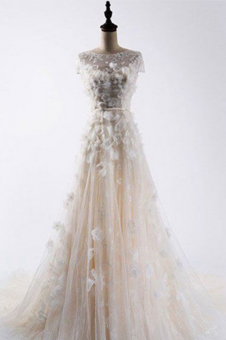 A-line Round Cap Sleeves Light Champagne Wedding Dress With Appliques