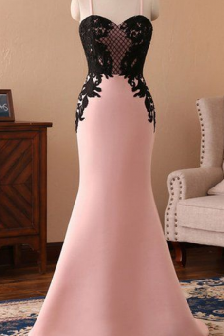 Sweetheart Pink Satin Long Spaghetti Straps Mermaid Black Lace Prom Dress