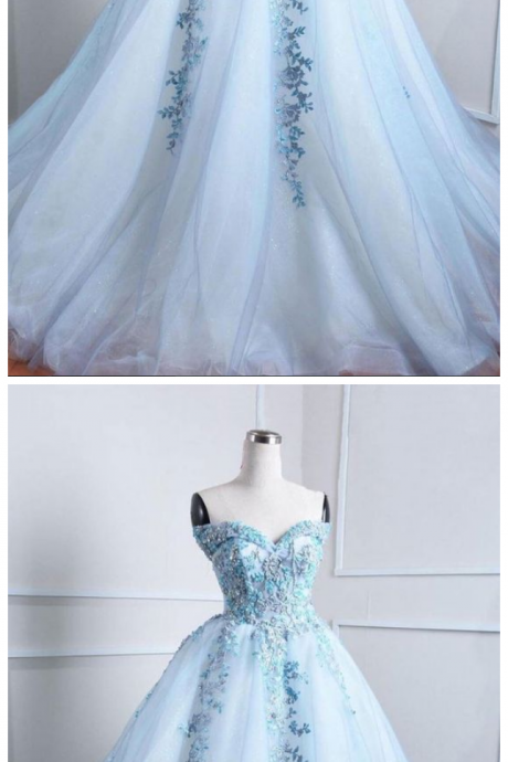Blue Tulle Lace Applique Long Prom Dress, Blue Evening Dress
