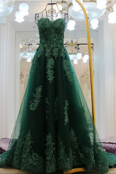 Green Floor Length Prom Dresses, Floor-length Long Prom Dresses, Sweetheart Lace Beading Long Green A-line Modest Prom Dresses