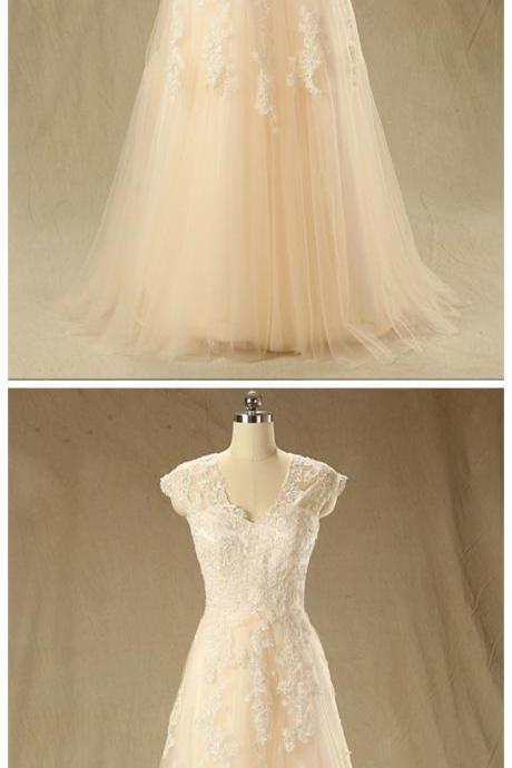 Long Prom Dress, Evening Dress,long Champagne Tulle Appliques V-neck Prom Dresses Cap Sleeves