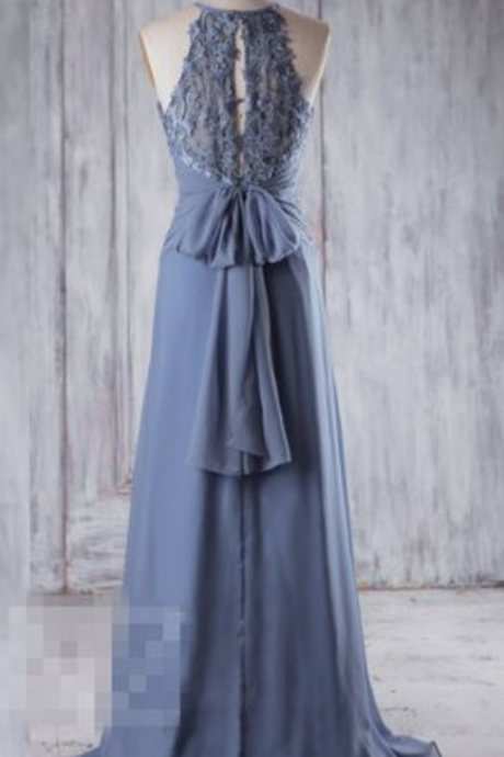 Steel Blue Chiffon Bridesmaid Dress, Sweetheart Illusion Bridesmaid Dresses, Bow Back Prom Dress, Lace Evening Gown Floor Length