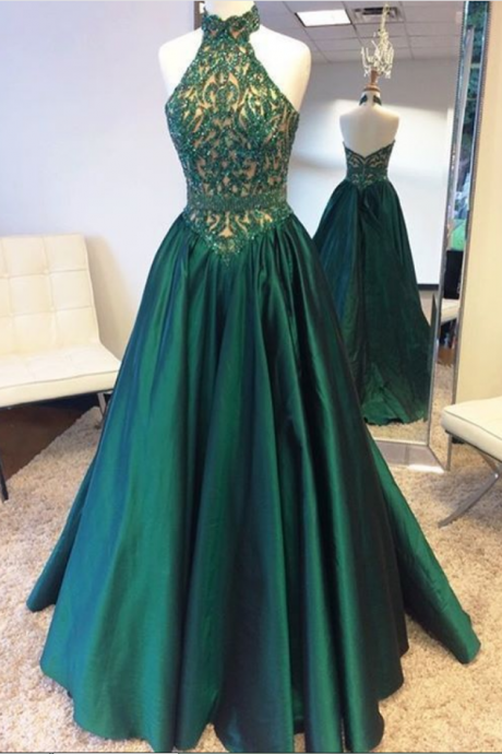 Green Prom Dresses 2019 Halter Neckline, Birthday Party Gown, Homecoming Dress Long, Back to Schoold Party Gown