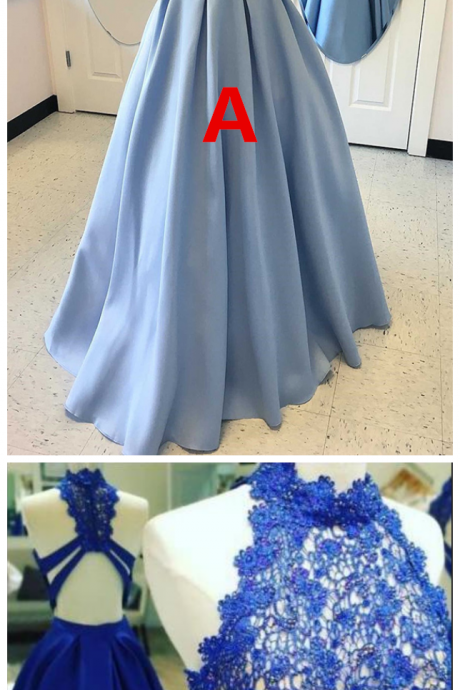 Two Piece High Neck Blue Satin Floor-length Criss-cross Straps Appliques Prom Dress