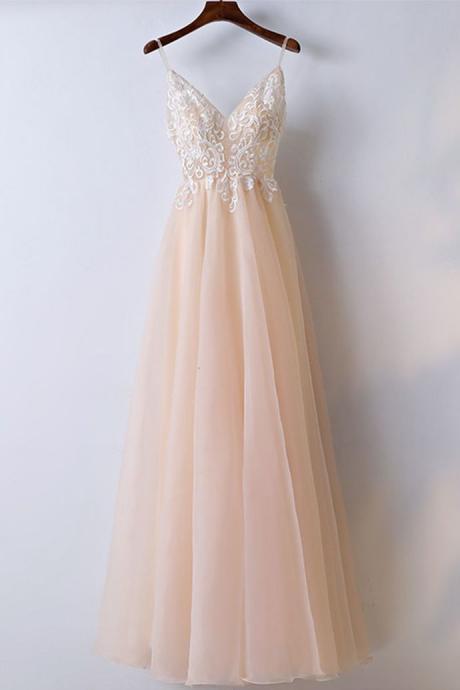 Sexy Champagne Tulle Prom Dress,spaghetti Straps Long Prom Dress With Appliques,chiffon Sleeveless Evening Party Gown