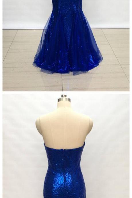 Mermaid Sweetheart Royal Blue Sequin Tulle Long Prom Dress