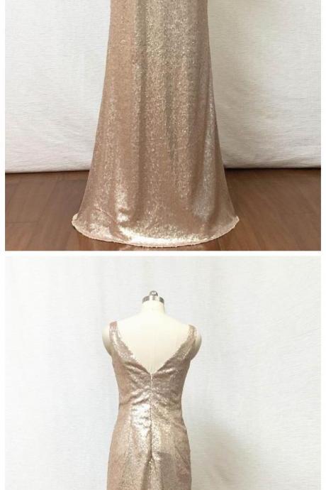 Champagne Gold Sequin Long Bridesmaid Dress