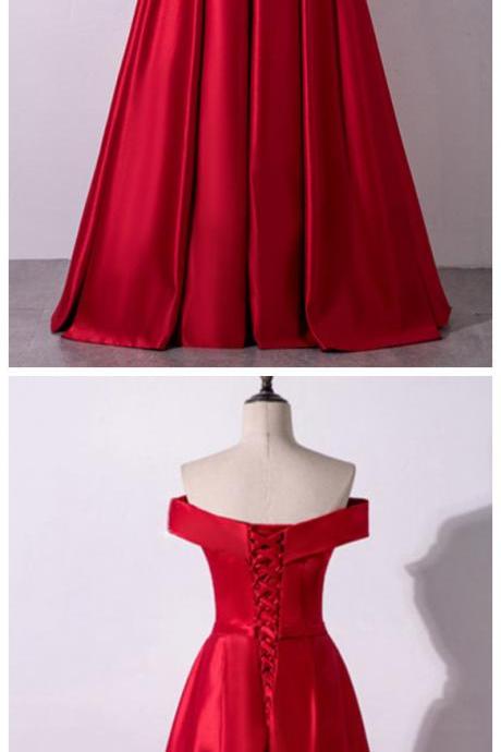 Adore Outfit Simple Red Satin Off The Shoulder Long Prom Dresses Elegant Formal Evening Gown Lace-up Pleated