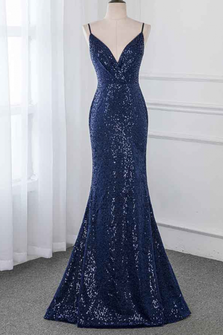Adore Outfit Navy Blue Long Prom Dresses Sequins Sleeveless Formal Evening Gown Dress Backless