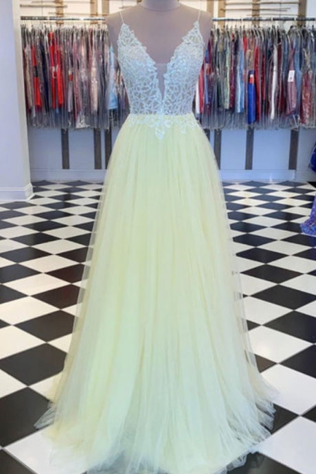 Adore Outfit Yellow V Neck Tulle Sequin Long Prom Dress Yellow Tulle Formal Dress