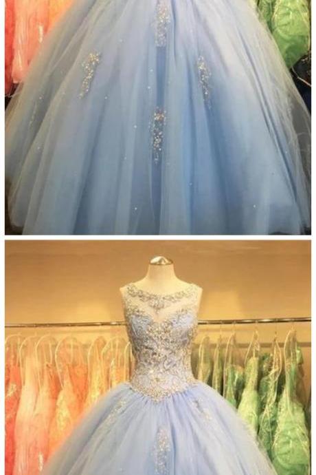 Adore Outfit Charming Blue Beading Tulle Ball Gown Prom Dress, Princess Quinceanera Dresses