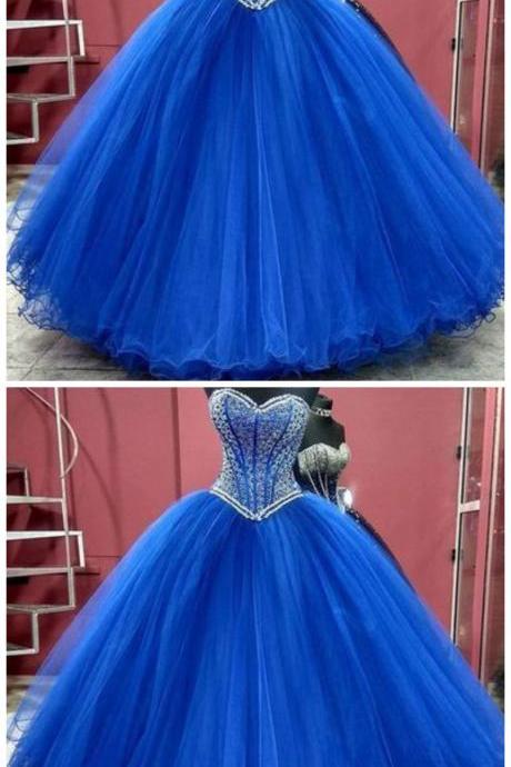 Adore Outfit Crystal Beaded Ball Gown Tulle Prom Dresses, Royal Blue Quinceanera Dress