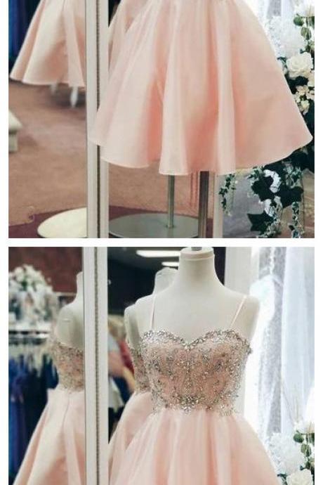 Blush Pink Straps Crystal Short Homecoming Dress, Beauty Prom Dress