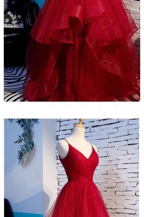 Princess V Neck Tulle A-line Prom Dress, Red Prom Dresses