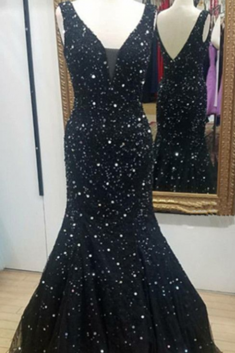 Luxurious Sequins Beaded V Neck Navy Blue Prom Dresses Sparkly Mermaid Evening Dress