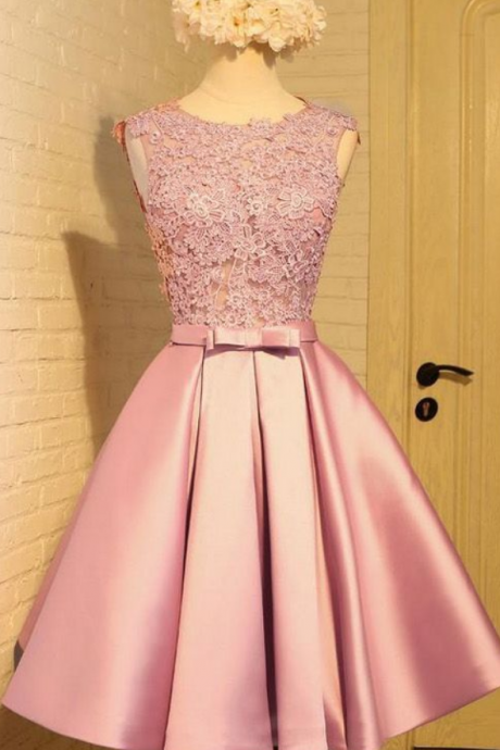 Pink Prom Dress, Short Prom Dress, V Back Homecoming Dress, Appliques Bow-knot Satin Short Party Dress