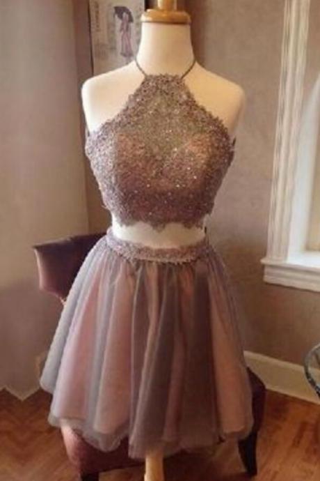 Splendid Prom Dresses Lace Crop Top Pleated Tulle Homecoming Dresses Two Piece Homecoming Dress