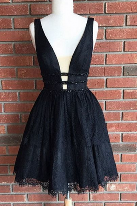 Cute Black Lace Homecoming Dress,short V Neck Party Dresses,short Prom Dresses