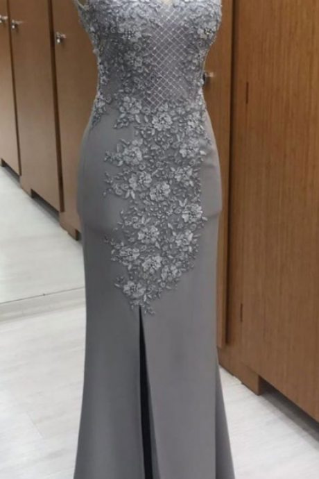 V Neck Chiffon Lace Long Prom Dress. Gray Evening Dress