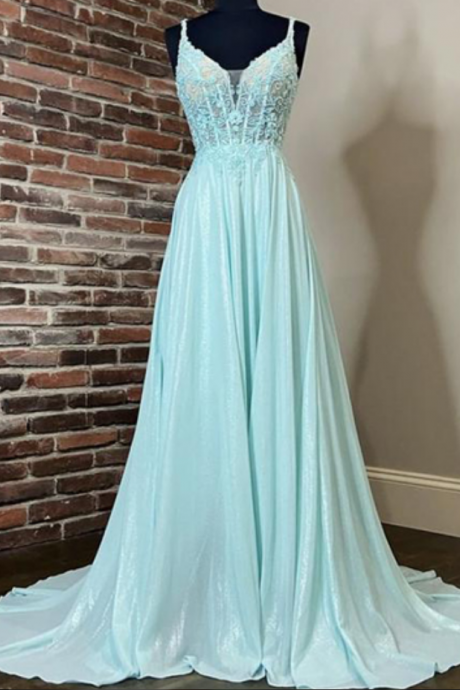 Spaghetti Long A-line Lace Chiffon Prom Dresses, 2020 Prom Dresses, Long Prom Dresses