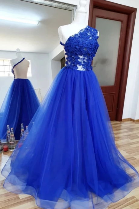 One Shoulder Backless Royal Blue Lace Long Prom Dress, Royal Blue Lace Formal Dress, Backless Royal Blue Evening Dress