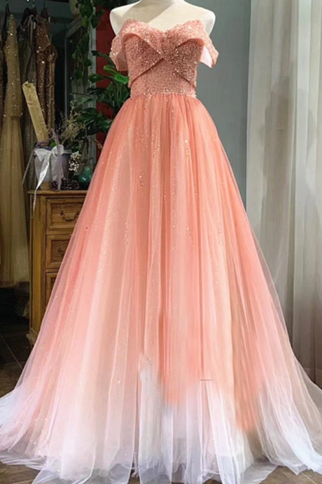 Tulle Gradient Beaded Off Shoulder Party Dress, Pink Prom Gown