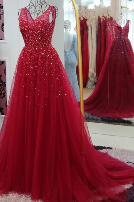 Tulle V-neckline Long Wine Red Evening Gown, Long Prom Dress