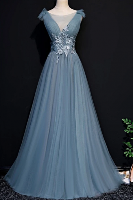 Beautiful Blue Tulle Long Party Dress, A-line Prom Dress With Lace Applique