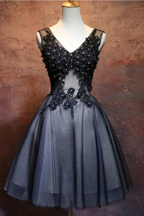 Black V-Neckline Tulle With Lace Applique Party Dress, Black Homecoming Dress