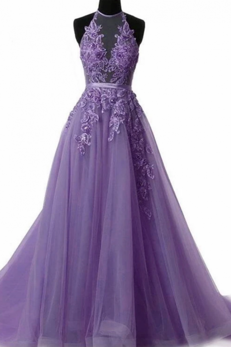 Neck Lace Prom Dress With Sweep Train, Backless Evening Gowns