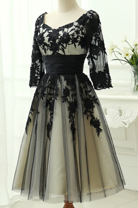 Elegant Black Tea Length Bridesmaid Dress, Wedding Party Dress