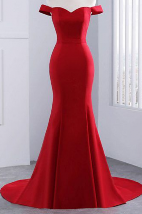 Elegant Red Off The Shoulder Prom Dress, Sweetheart Mermaid Long Evening Gown With Sweep Train