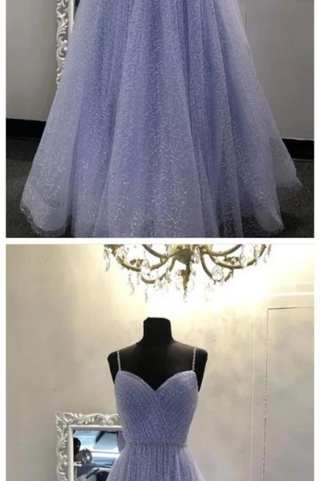 Light Blue Tulle Sequins V Neck Long Dress Spaghetti Straps Evening Dress