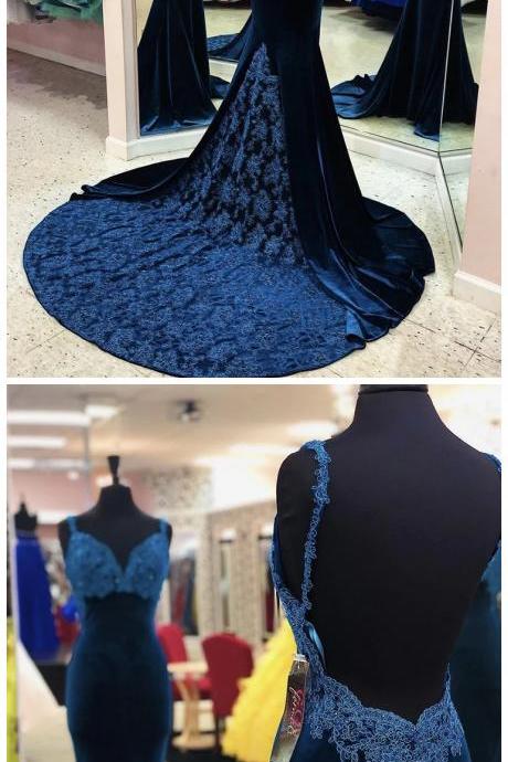 Pretty Blue Velvet Backless Sweep Train Lace Mermaid Dress Evening Dress