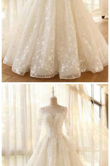 White Lace Long Sleeve Dress A Line Formal Dress Wedding Dress