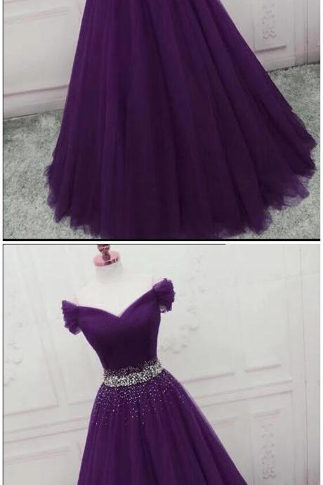 Purple Tulle Off Shoulder Beaded Waistline Formal Dress Long Graduation Dress