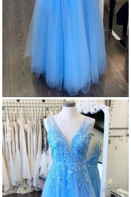 Blue Tulle V Neck Women Party Gowns Blue Lace A Line Prom Dress