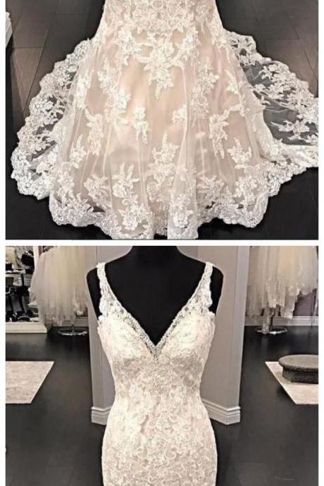Ivory Lace V Neck Long Mermaid Dress, Lace Wedding Dress