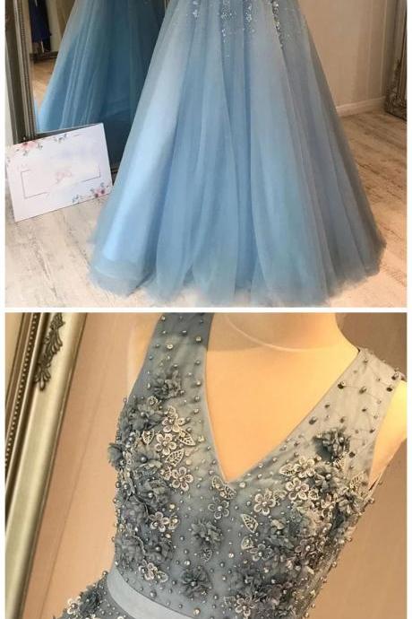 Blue Tulle Lace V Neck Long Dress, Blue A Line Senior Prom Dress For Girls